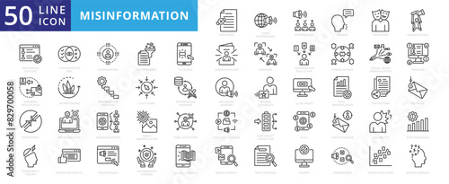 Misinformation icon set with fake news, cyber, propaganda, rumor, deception, manipulation, stickmergy and misleading content.