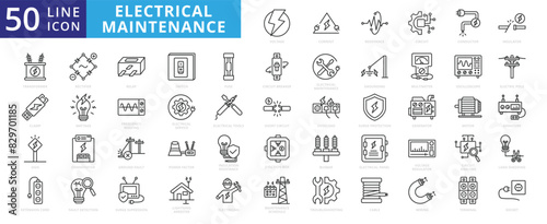 Electrical maintenance icon set with voltage, current, resistance, circuit, conductor, insulator, transformer, clamp and sign.