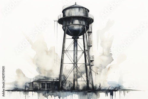 Abandoned vintage water tower illustration, symbolizing industrial decay and highlighting urban exploration aesthetics in watercolor style.