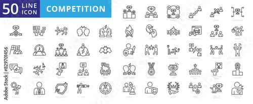Competition icon set with rivalry, contest, match, battle, tournament, championship, race, conflict, struggle and opposition.