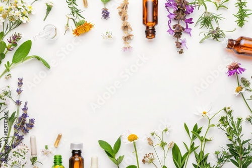Aromatherapy Background. Apothecary of Natural Wellness with Herbal Medicine and Flowers