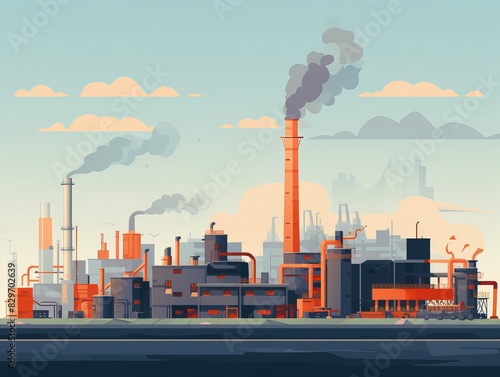 Illustration of a sprawling industrial factory emitting smoke and fumes into the sky, surrounded by a slightly cloudy environment.