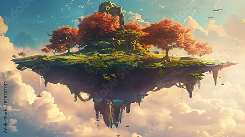 round soil ground cross section with earth land and green grass. fantasy floating island with natural on the rock, surreal float landscape with paradise concept. sky background. Heaven island. 
