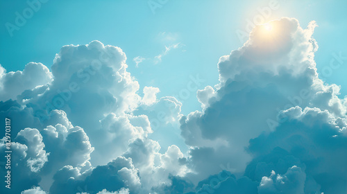 White clouds on blue sky background close up, cumulus clouds high in azure skies A vibrant blue sky with fluffy white clouds serves as the picturesque background, Generative AI