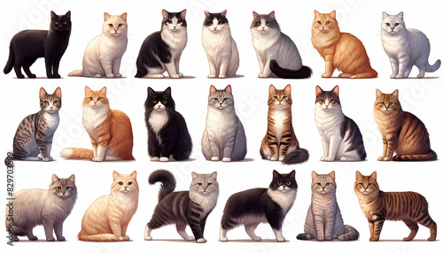 A diverse collection of charming cats, each with unique fur patterns and colors, showcasing their distinct personalities
