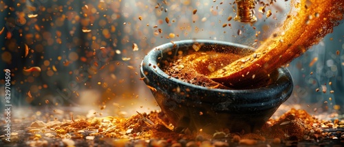 Abstract composition of spices swirling around a digital mortar and pestle, capturing the dynamic process of grinding spices