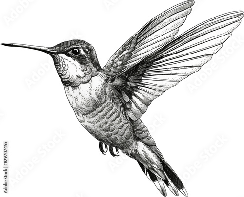 Feathered Elegance: Copperplate Engraving of a Hummingbird