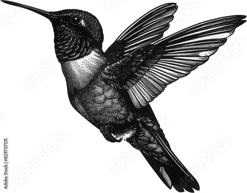 Feathered Elegance: Copperplate Engraving of a Hummingbird