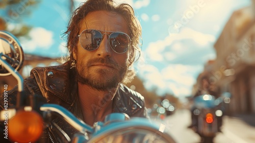 A motorcyclist captured from the front riding towards the sunlight on a clear day