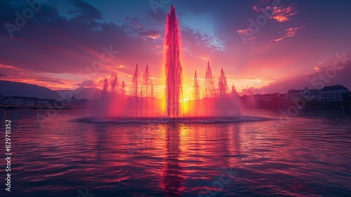 Majestic fountain show with vibrant pink and orange hues from the setting sun reflected on the water, with a city background, creating a magical spectacle