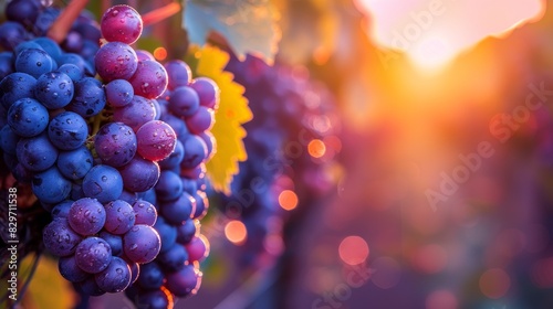 These plump grapes are captured close-up, drenched in early morning dew and bathed in the soft golden light of sunrise