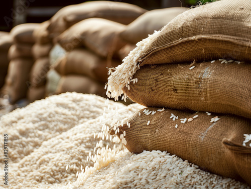 A pile of rice is poured out of a bag. Sacks of rice in sacks pouring down