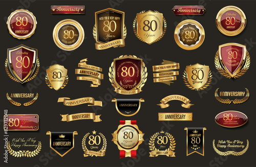Collection of Anniversary gold laurel wreath badges and labels vector illustration