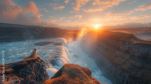An awe-inspiring image of a waterfall at sunset with a seagull enjoying the view, exhibiting the beauty of golden hour