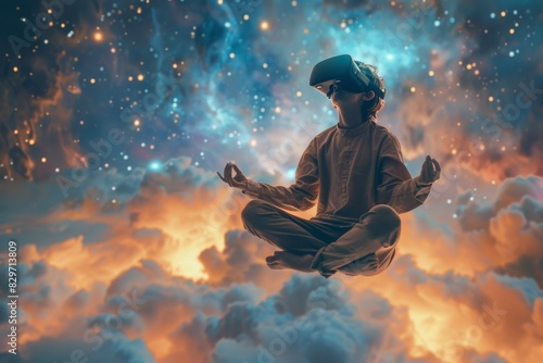 A woman wearing VR headset is meditating in the air with the sun setting behind