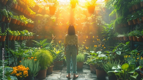 A woman stands contemplating in a sunlit greenhouse full of various lush potted plants and flowers