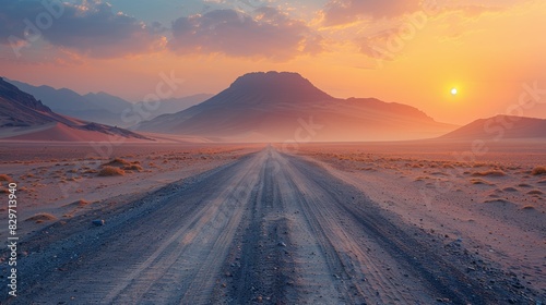 A deserted road stretching straight into the horizon with a stunning sunset and mountains in the background