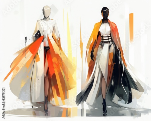 Abstract fashion illustration depicting two faceless models in flowing, futuristic outfits with bold colors on a white background.