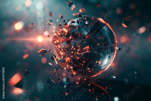 Fragmented sphere with glowing shapes transforms into a new form within a dark void. Focus on transformation. 3D render.
