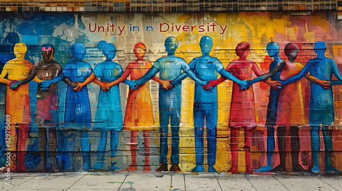 Street art depicting diverse group of people holding hands around the world with the phrase Unity in Diversity in vibrant colors promoting inclusivity and acceptance of all backgrounds