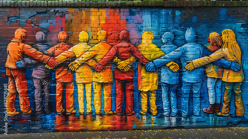 Street art depicting diverse group of people holding hands around the world with the phrase Unity in Diversity Strength in Solidarity in vibrant colors promoting inclusivity and acceptance