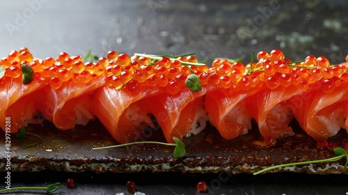 Horizontal arrangement of red caviar and smoked salmon