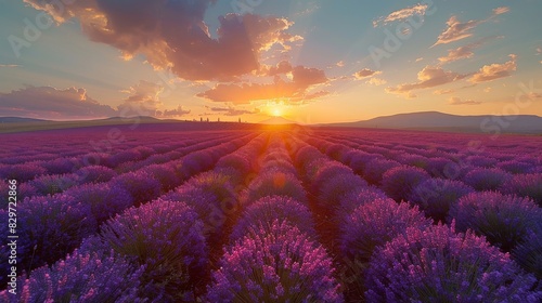 An idyllic view of lavender rows under a sunset sky, with a golden light casting warm shades
