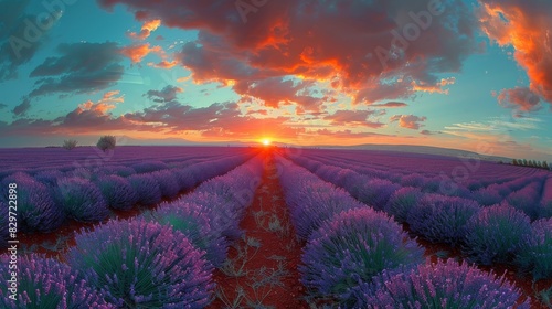 A breathtaking landscape shot of a sunset illuminating vibrant lavender fields under a dramatic sky