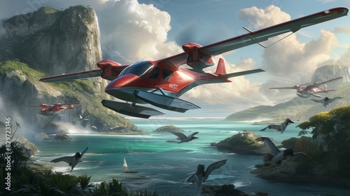 As the air taxis soar through the sky their engines emit a quiet hum blending seamlessly with the sounds of the tropical birds and crashing waves below.