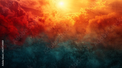 The image portrays a dramatic sky with fiery clouds above a cracked earth-like texture, suggesting an apocalyptic scene