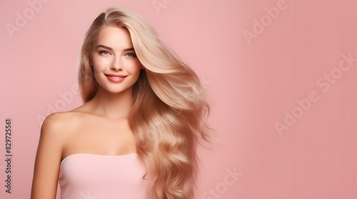Beautiful blonde woman with long hair smiling on pink background. Generative AI.