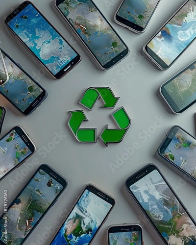 A group of old and used smartphones arranged on a white surface in the shape of a recycling symbol.