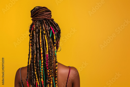 african american woman with colorful braided hairstyle on yellow background, copy space for text 
