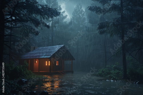 Deserted cabin in woods during rainy evening. Artificial intelligence for creativity