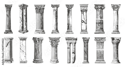 Ancient Columns. Doodle Style, Hand-Drawn, Simple Black Icons Set. Pillar, Greek, Roman, Architecture, Ruins, Historical, Monument, Stone, Temple, Classic, Antique, History, Sketch, Drawing