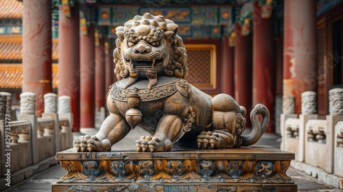 A majestic bronze-colored imperial guardian lion statue stands guard in Beijing, symbolizing protection and tradition