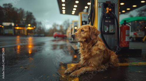 A poignant image of a golden dog waiting patiently at a wet gas station