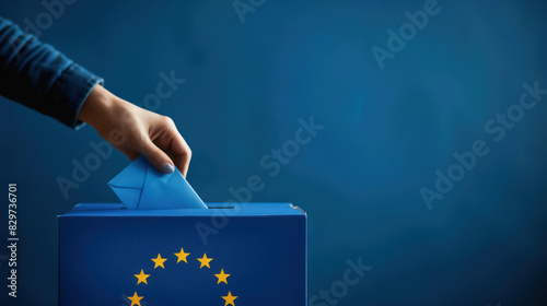 hand casting a vote into a blue ballot box with european union stars, elections, copy space for text 
