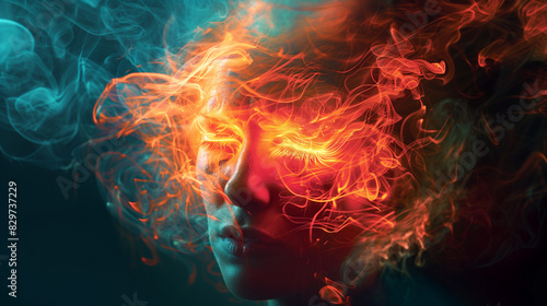 Profile of a woman with fiery, glowing hair, representing headache pain.