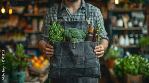 person holding a reusable tote bag with local vegetables in a rustic grocery store