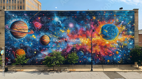 Urban mural depicting cosmic galaxy with swirling stars and planets accompanied by the phrase Expand Your Universe in vibrant colors inspiring exploration and curiosity