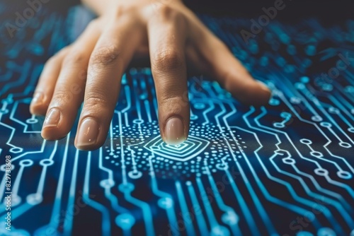 Hand interacting with a digital interface, representing secure data access and cybersecurity in a modern technological environment.