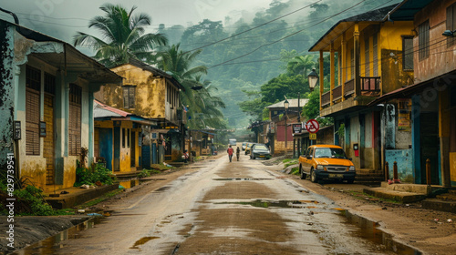 A rainy day in a vibrant tropical town with colorful buildings and local vehicles on a wet street