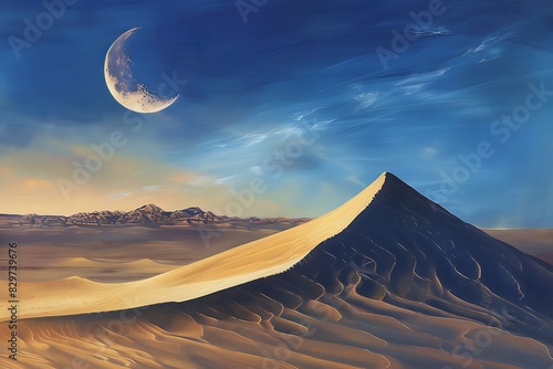 A desert scene with towering sand dunes under a crescent moon