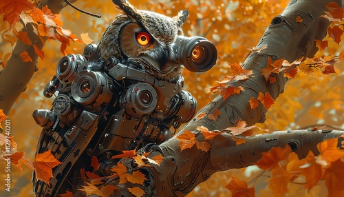 A robotic owl perched on a tree branch, surrounded by autumn leaves.