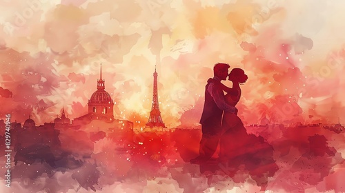 Traditional French dance with Paris 2024 backdrop, twilight, watercolor, soft hues