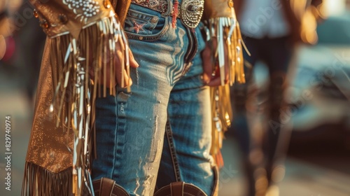 A gl twist on traditional cowboy attire a metallic fringe coat is paired with a rhinestonestudded cowboy hat and thighhigh cowboy boots.