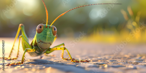 A grasshopper on ground with blur forest background