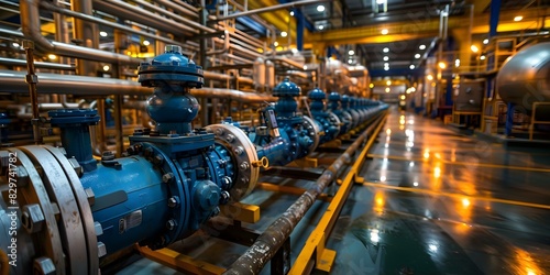 Industrial plant with liquid pump pipelines and valves for production equipment. Concept Industrial Plant, Liquid Pump, Pipelines, Valves, Production Equipment