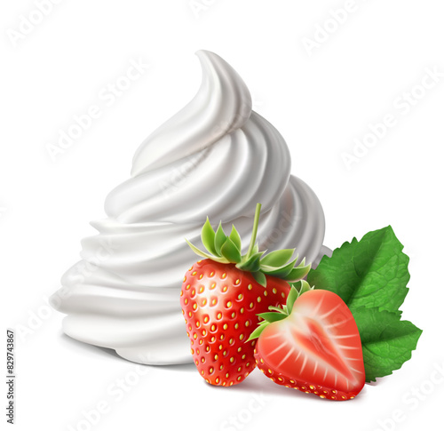 3d realistic vector icon illustration. White whipped cream with whole strawberry and half strawberry with leaves.